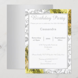 ELEGANT FLORAL YELLOW SILVER BORDER BIRTHDAY INVITATION