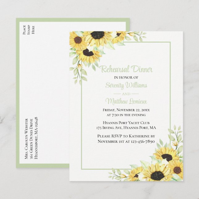 Elegant Floral Yellow Sunflower Rehearsal Dinner  Invitation Postcard (Front/Back)