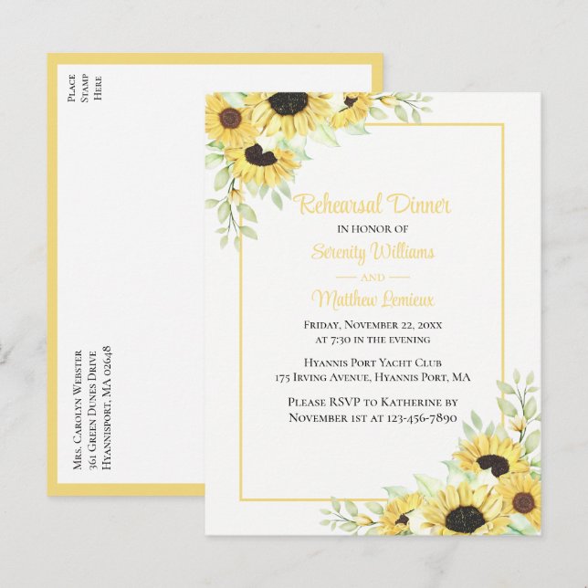 Elegant Floral Yellow Sunflower Rehearsal Dinner Invitation Postcard (Front/Back)