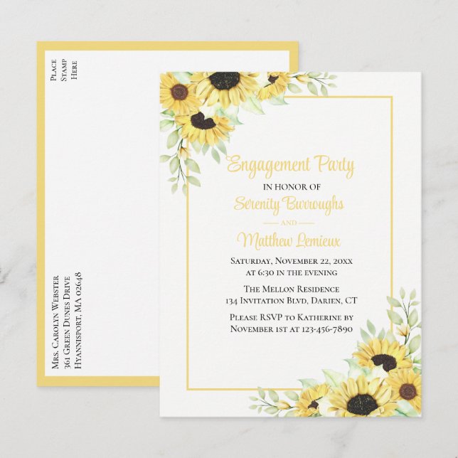 Elegant Floral Yellow Sunflowers Engagement Party Invitation Postcard (Front/Back)