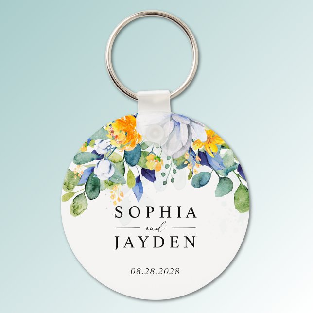 Elegant floral yellow white blue wedding key ring (Creator Uploaded)