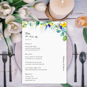 Elegant floral yellow white blue wedding  menu