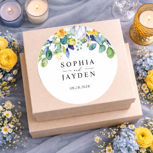 Elegant floral yellow white blue wedding monogram  classic round sticker