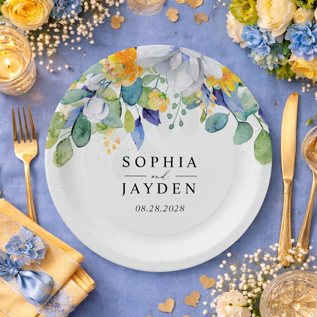 Elegant floral yellow white blue wedding monogram  paper plate (Creator Uploaded)