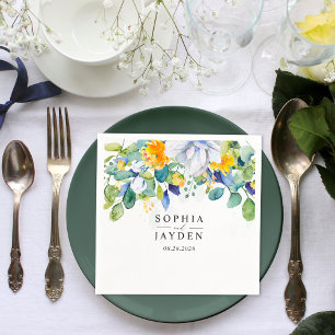 Elegant floral yellow white blue wedding napkin