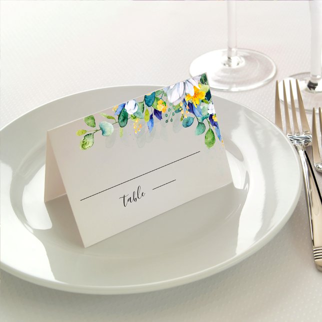Elegant floral yellow white blue wedding  place card (Creator Uploaded)