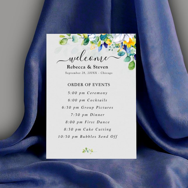 Elegant floral yellow white blue wedding  programme (Creator Uploaded)