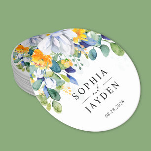 Elegant floral yellow white blue wedding round paper coaster