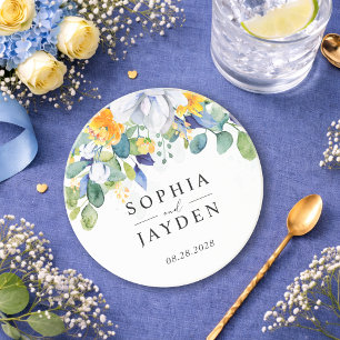Elegant floral yellow white blue wedding stone coaster