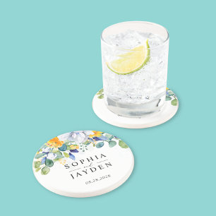 Elegant floral yellow white blue wedding stone coaster