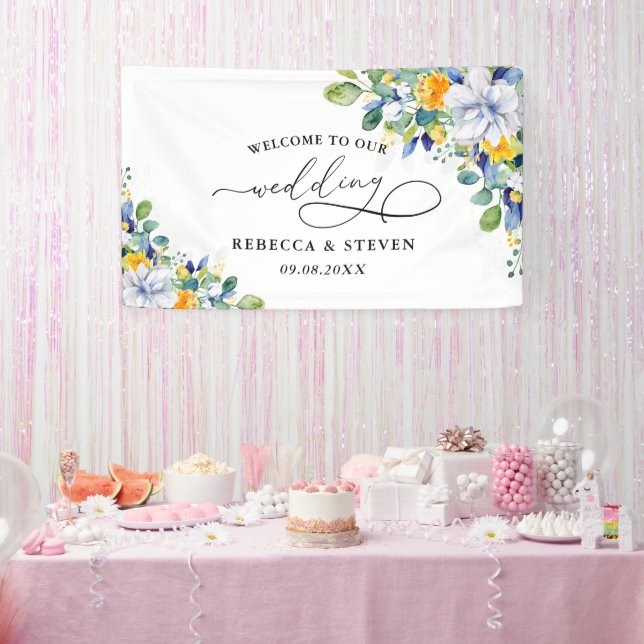 Elegant floral yellow white blue wedding welcome  banner (Party)