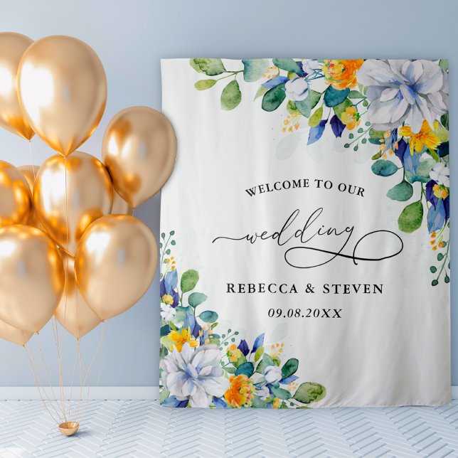 Elegant floral yellow white blue welcome  tapestry (Creator Uploaded)