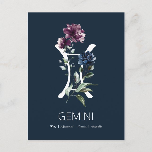 Elegant Floral Zodiac Star Sign Gemini Postcard (Front)
