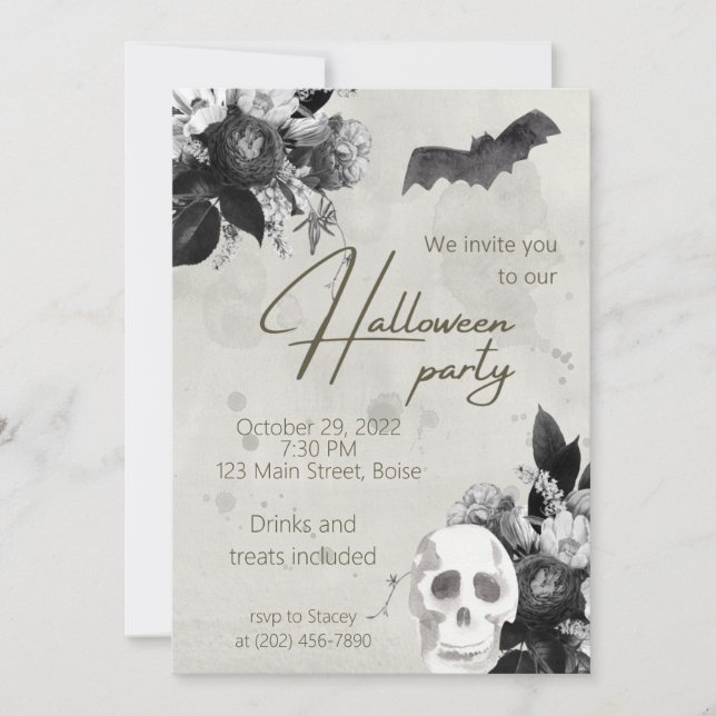 Elegant Florals and Skull Halloween Party Invitati Invitation (Front)