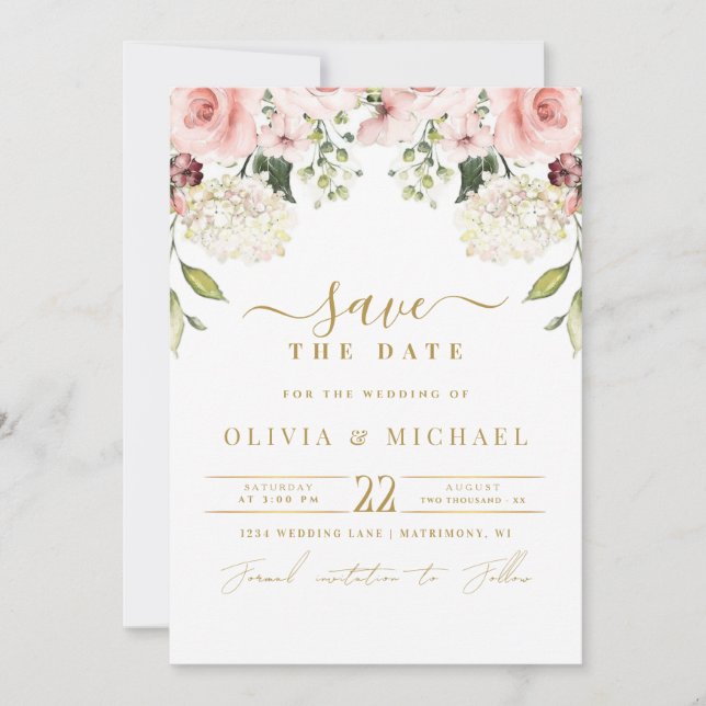 ELEGANT FLORALS BLUSH ROSE WEDDING SAVE THE DATE I INVITATION (Front)