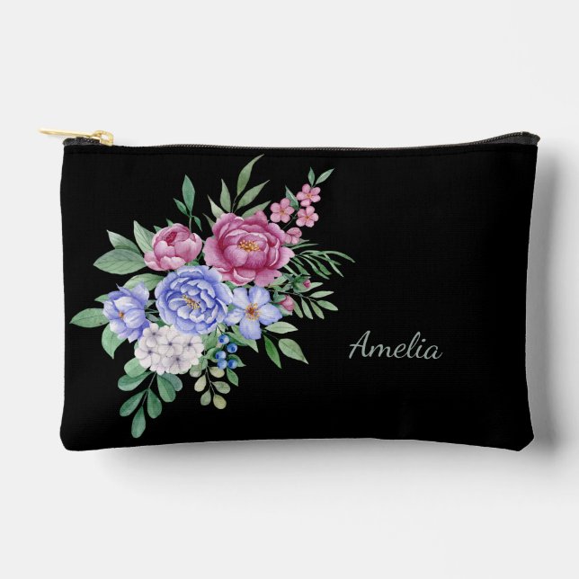Elegant Florals on Black Accessory Pouch (Front)