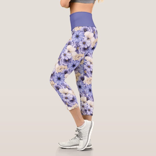 Elegant Florals Pattern Purple Lilac Cream Capri Leggings (Left)