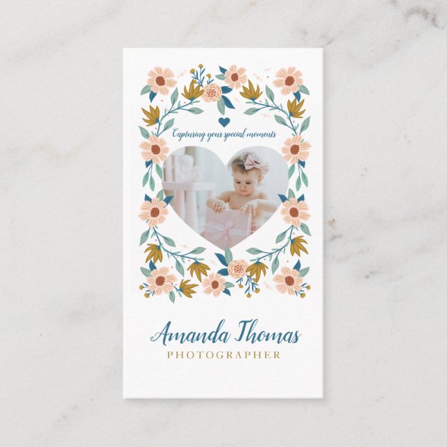 Elegant Florals Photo Heart Photographer Business Card (Front)