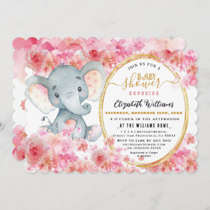 Elegant FloralWatercolor Cute Elephant Baby shower Invitation