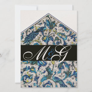 ELEGANT FLORENTINE BLUE GOLD FLORAL MONOGRAM INVITATION
