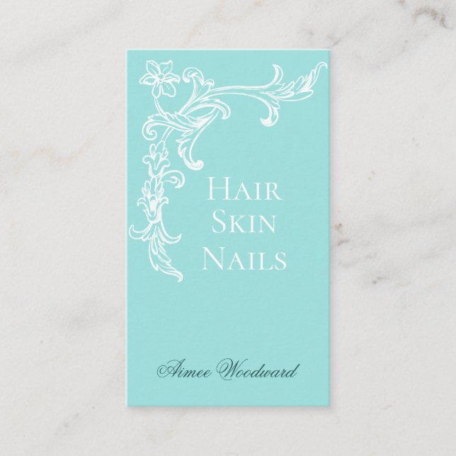 Elegant Flourish Aqua Blue and White Business Card (Front)