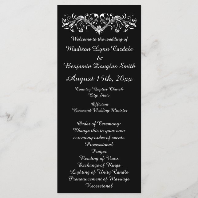 Elegant Flourish Black and White Wedding Programs Programme (Front)