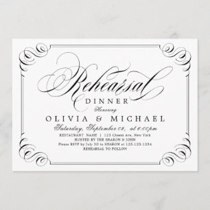 Elegant flourish calligraphy rehearsal dinner invitation