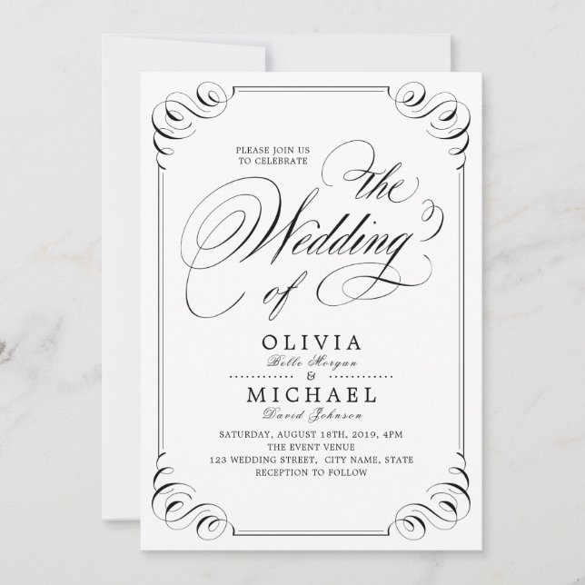 Elegant flourish calligraphy vintage wedding invitation (Front)