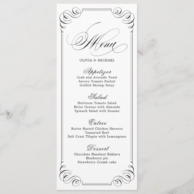 Elegant flourish calligraphy vintage wedding menu (Front)