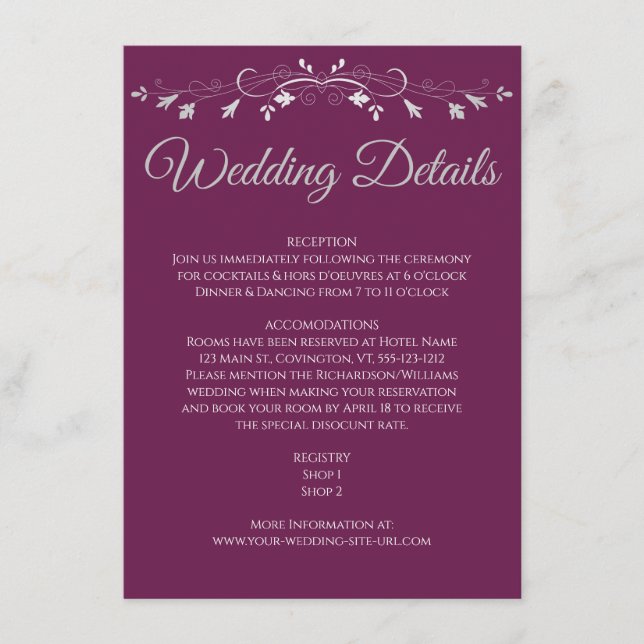 Elegant Flourish Cassis & Grey Wedding Details Enclosure Card (Front)