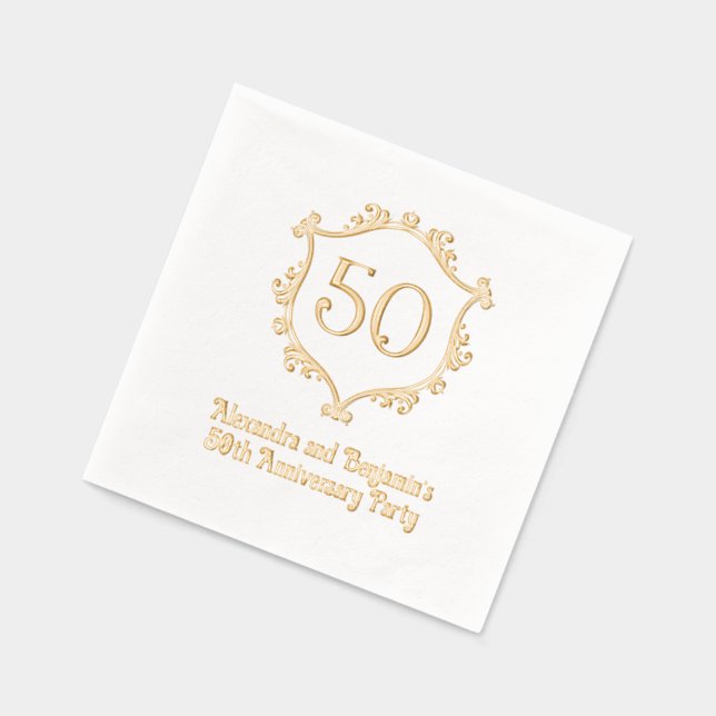 Elegant Flourish Crest Frame Anniversary Party Foil Napkins (Left)