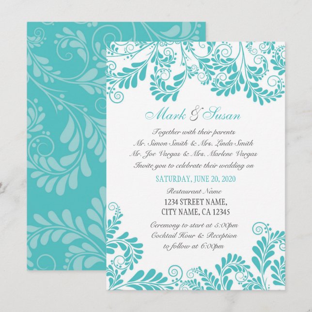 Elegant Flourish Curly Turquois Wedding Invitation (Front/Back)