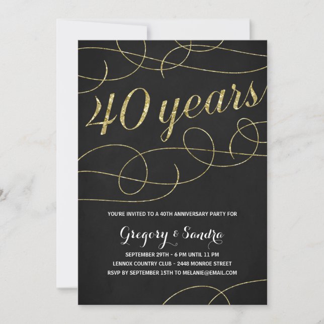 Elegant Flourish | Faux Gold Foil 40th Anniversary Invitation (Front)