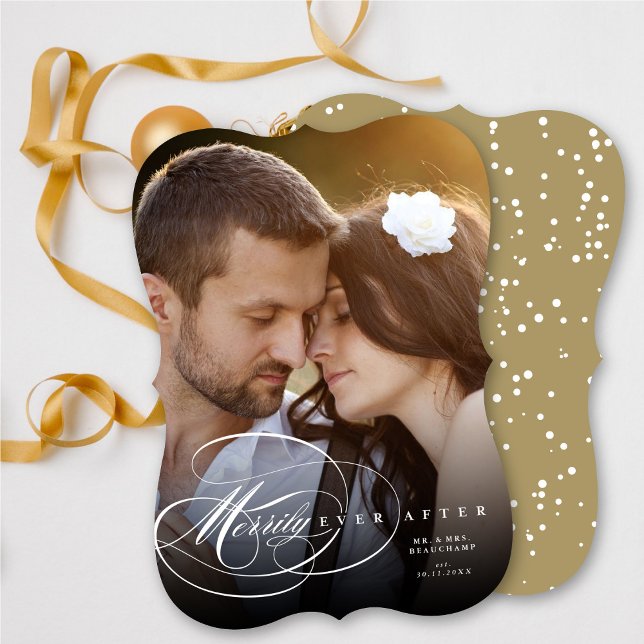 Elegant Flourish Merrily Ever After Wedding Photo Holiday Card (Creator Uploaded)