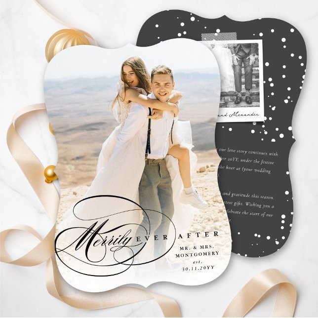 Elegant Flourish Merrily Ever After Wedding Photo Holiday Card (Creator Uploaded)