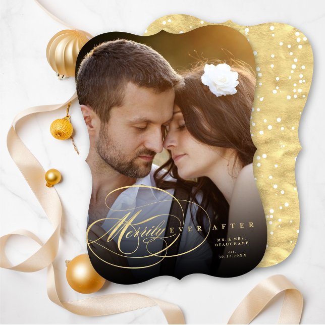 Elegant Flourish Merrily Ever After Wedding Photo Holiday Card (Creator Uploaded)