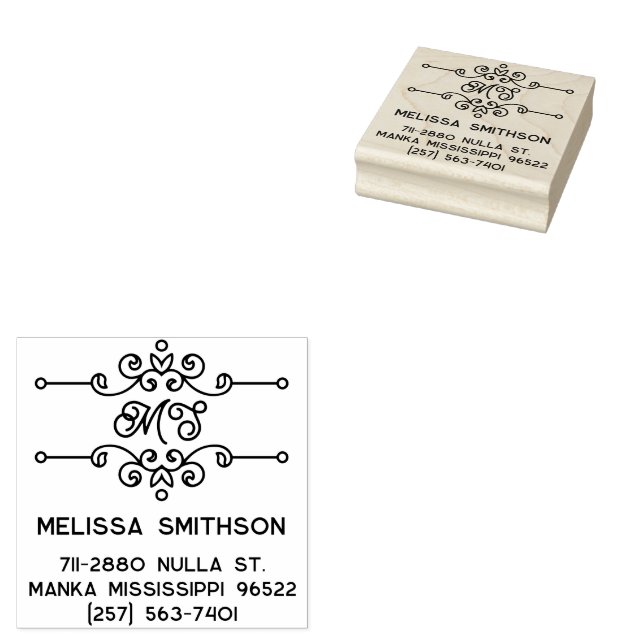     Elegant Flourish Personalised Monogram Address Rubber Stamp (Stamped)
