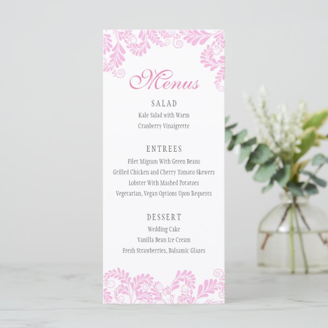 Elegant Flourish Pink Wedding Menus (Standing Front)