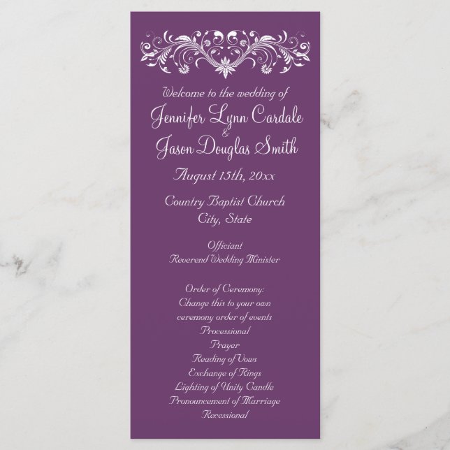 Elegant Flourish Regal Purple Wedding Programs Programme (Front)