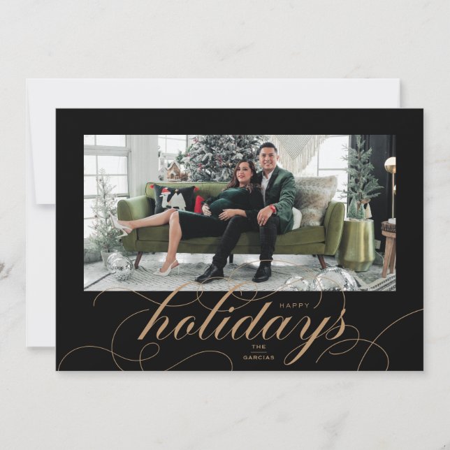 Elegant Flourish Script Black Holiday Photo Card (Front)