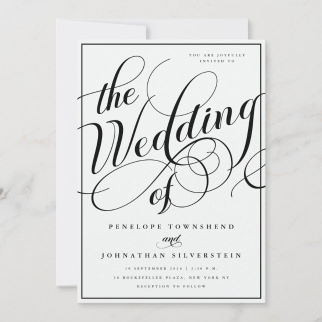 Elegant Flourish Script Black White Wedding Invitation (Front)
