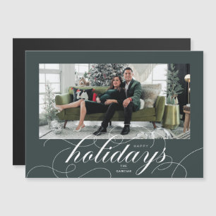 Elegant Flourish Script DkGreen Holiday Photo Card