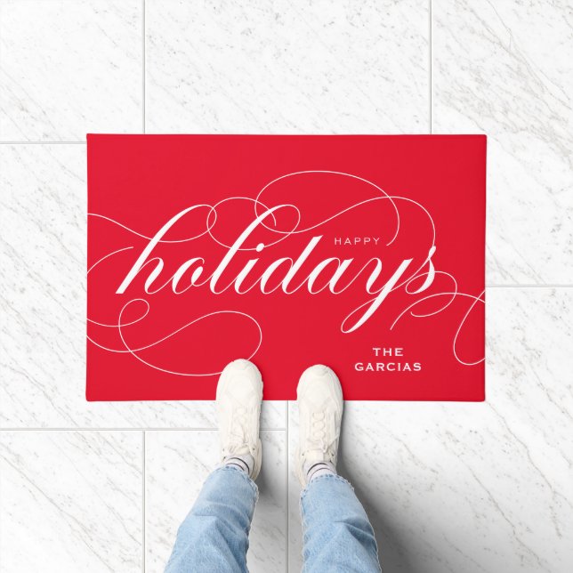 Elegant Flourish Script Happy Holidays Red Doormat (Indoor)
