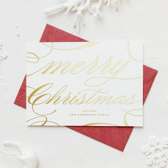 Elegant Flourish Script Merry Christmas Foil Holiday Card (This elegant Merry Christmas card features a beautiful flourish script in gold foil.)
