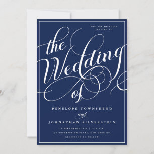 Elegant Flourish Script Navy Blue Wedding Invitation