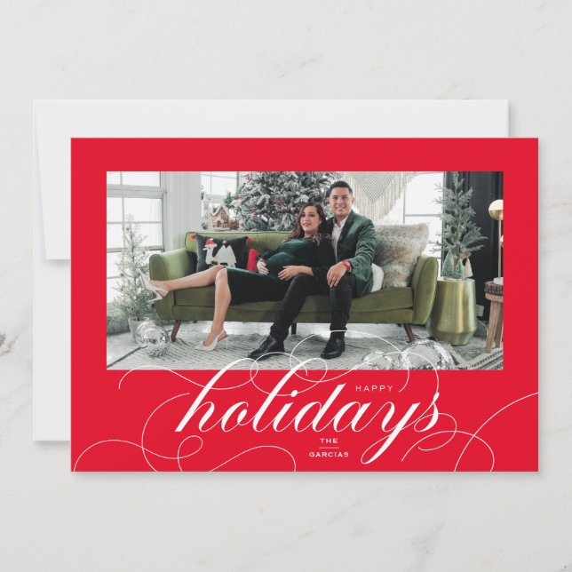 Elegant Flourish Script Red Holiday Photo Card (Front)