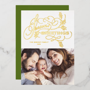 Elegant Flourish Season's Greetings Family Photo Foil Holiday Card