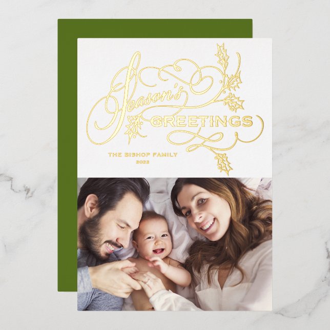 Elegant Flourish Season's Greetings Family Photo Foil Holiday Card (Front/Back)
