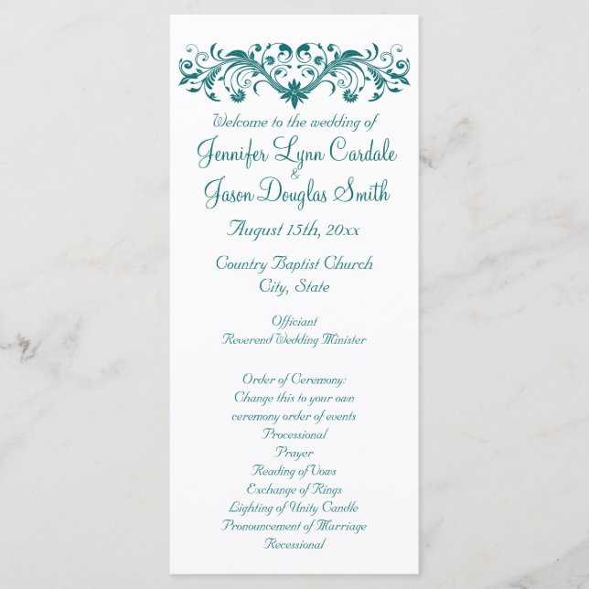 Elegant Flourish White Teal Wedding Programs Programme (Front)