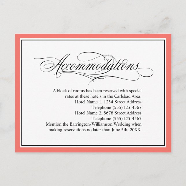 Elegant Flourishes Wedding Accommodations Coral Postcard (Front)